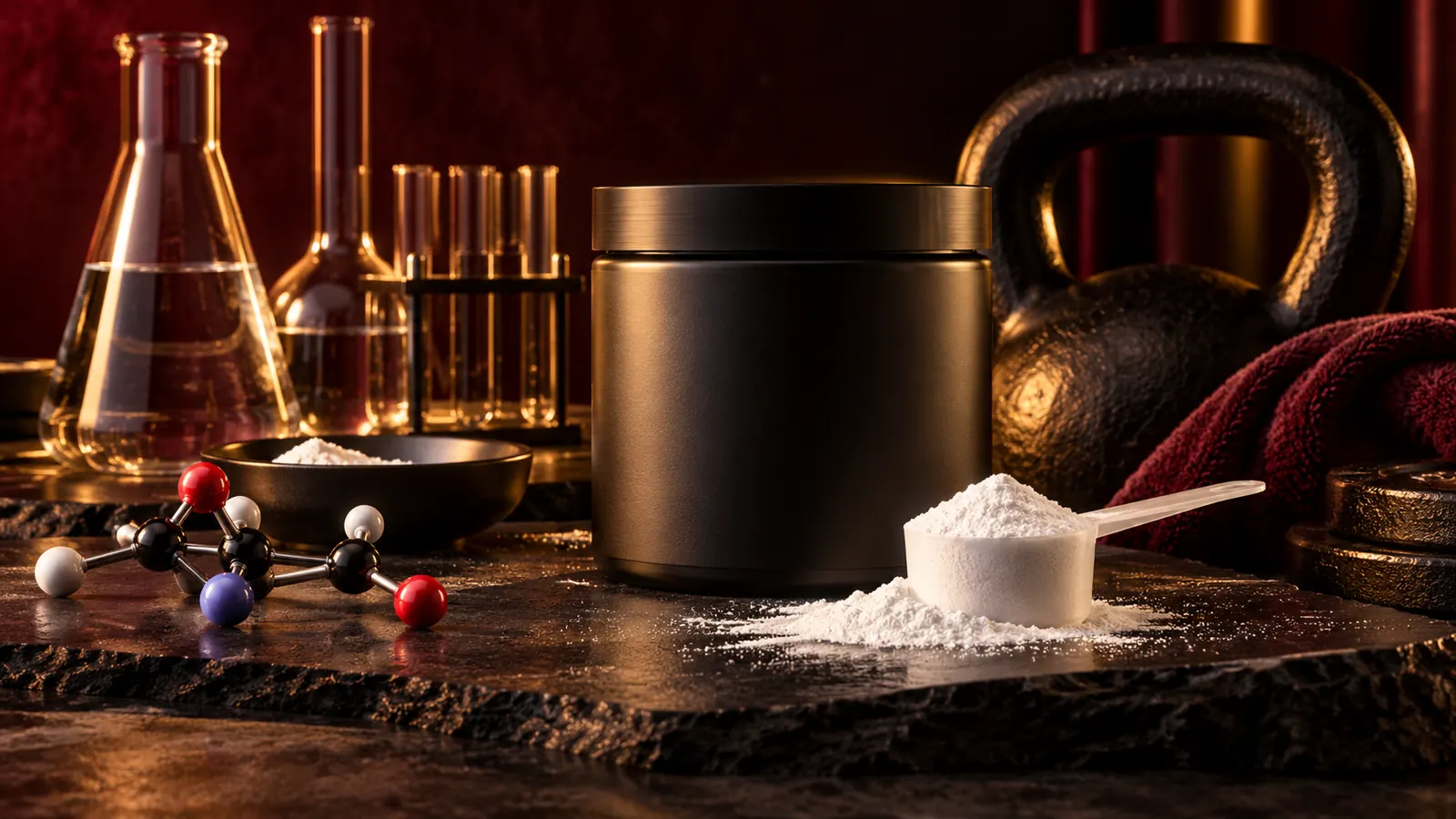 Schlichte Pulverdose mit Messlöffel und Molekülmodell vor Laborgläsern und Kettlebell