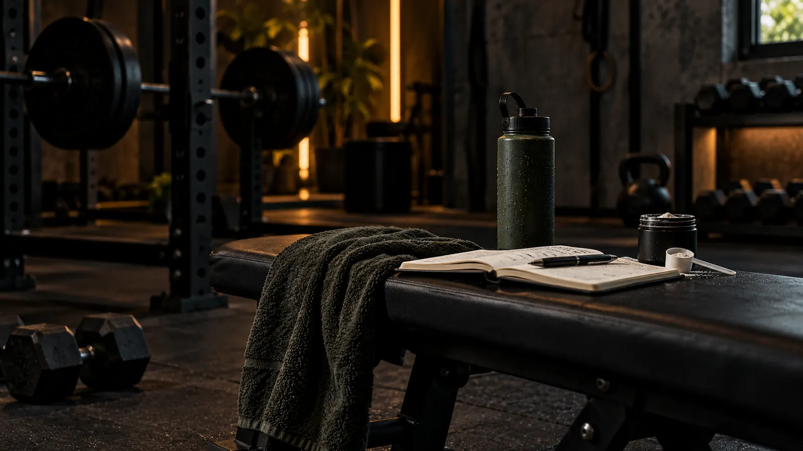 Hantelbank mit Handtuch, Trinkflasche, Trainingstagebuch und kleiner Pulverdose im Studio