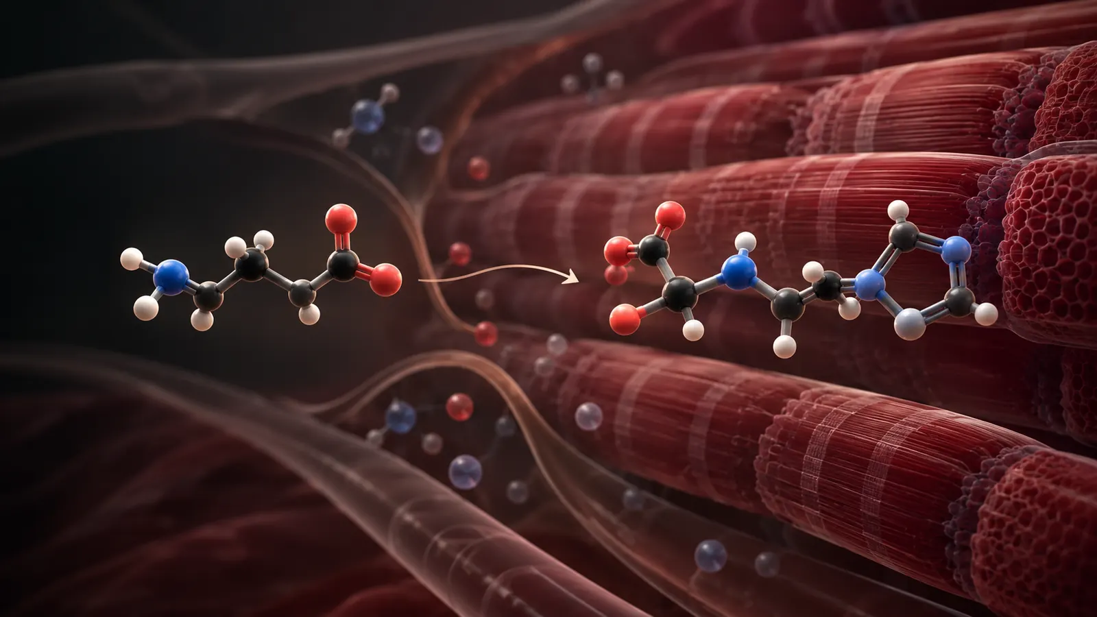 Schematische Darstellung: Beta-Alanin-Molekül wird im Muskel zu Carnosin umgebaut