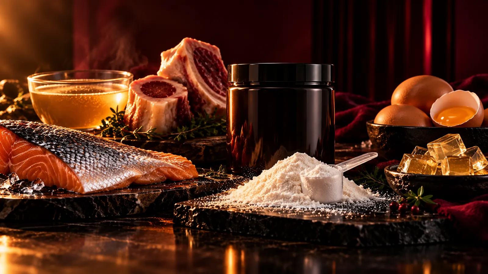Lachsfilet, Markknochen, Brühe, Eier und Gelatinewürfel als natürliche Kollagen- und Eiweißquellen neben Pulver und Messlöffel