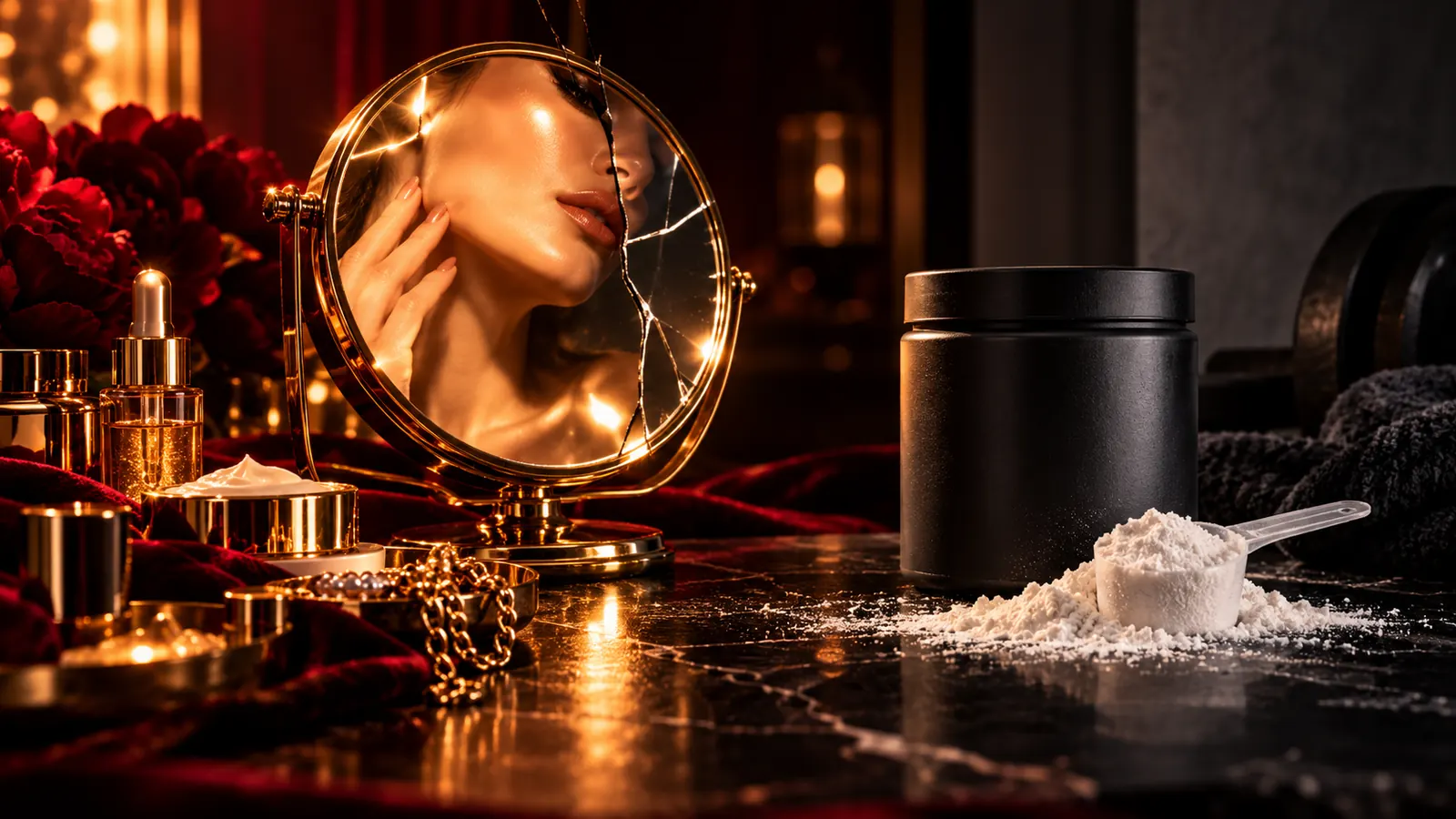 Gesprungener Spiegel mit Frauengesicht neben Kosmetik, daneben schlichte Pulverdose mit Messlöffel