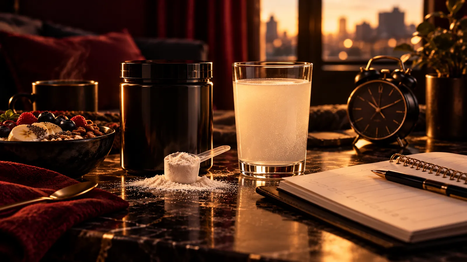 Frühstückstisch mit Glas Wasser, Messlöffel mit Pulver, Müslischale, Wecker und Notizbuch