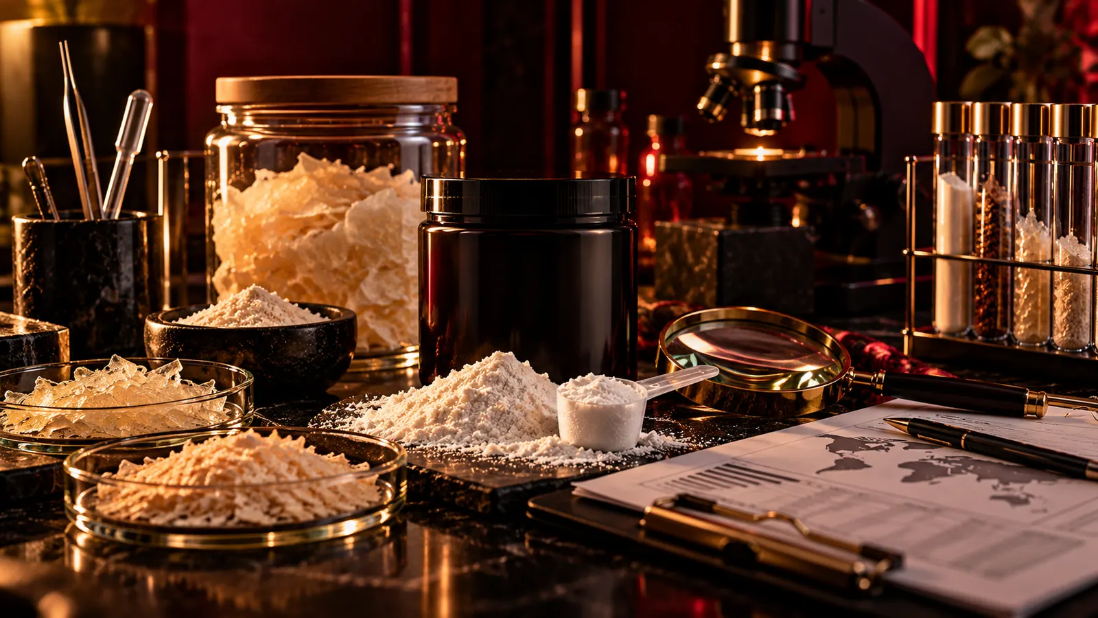 Laborszene mit Gelatine- und Pulverproben in Glasschalen, Lupe, Mikroskop, Reagenzgläsern und Prüfbericht