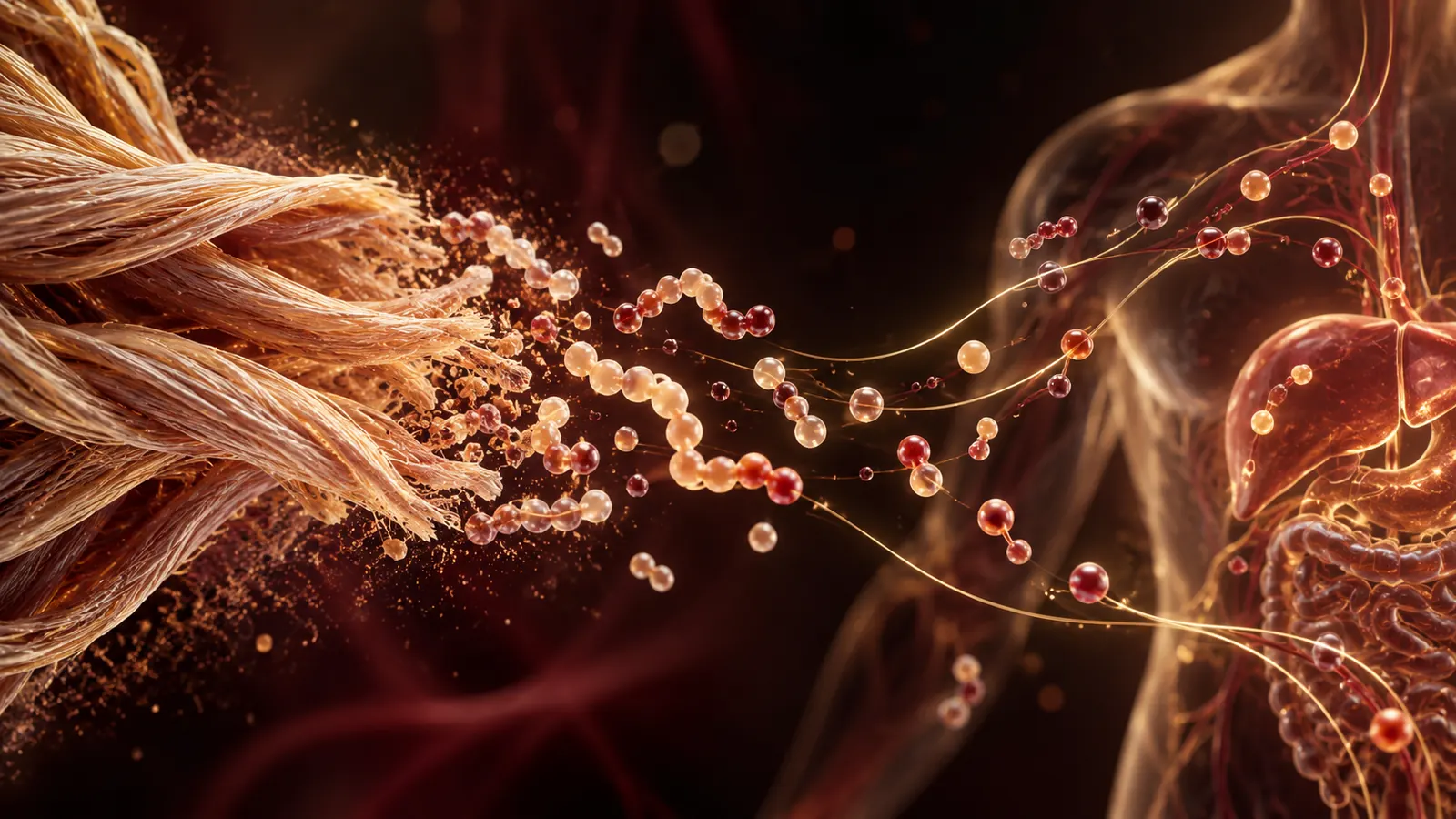 Schematische Darstellung: Kollagenfasern zerfallen in Peptide und Aminosäuren, die über den Blutkreislauf im ganzen Körper verteilt werden