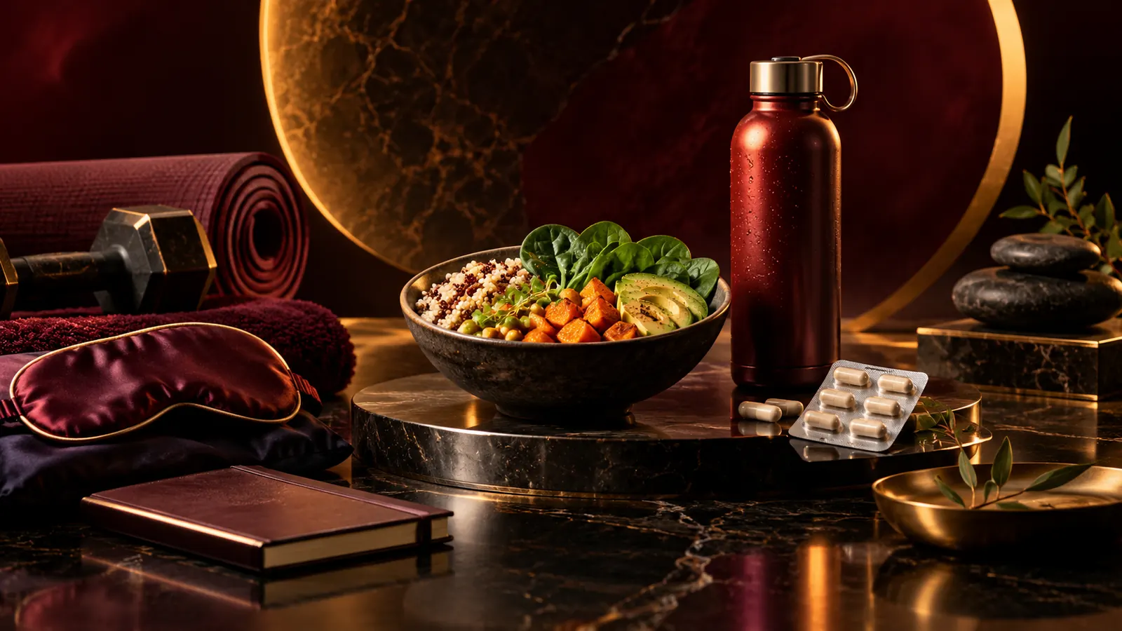 Ausgewogene Bowl mit Quinoa, Spinat und Avocado neben Trinkflasche, Kapseln und Trainingsmatte