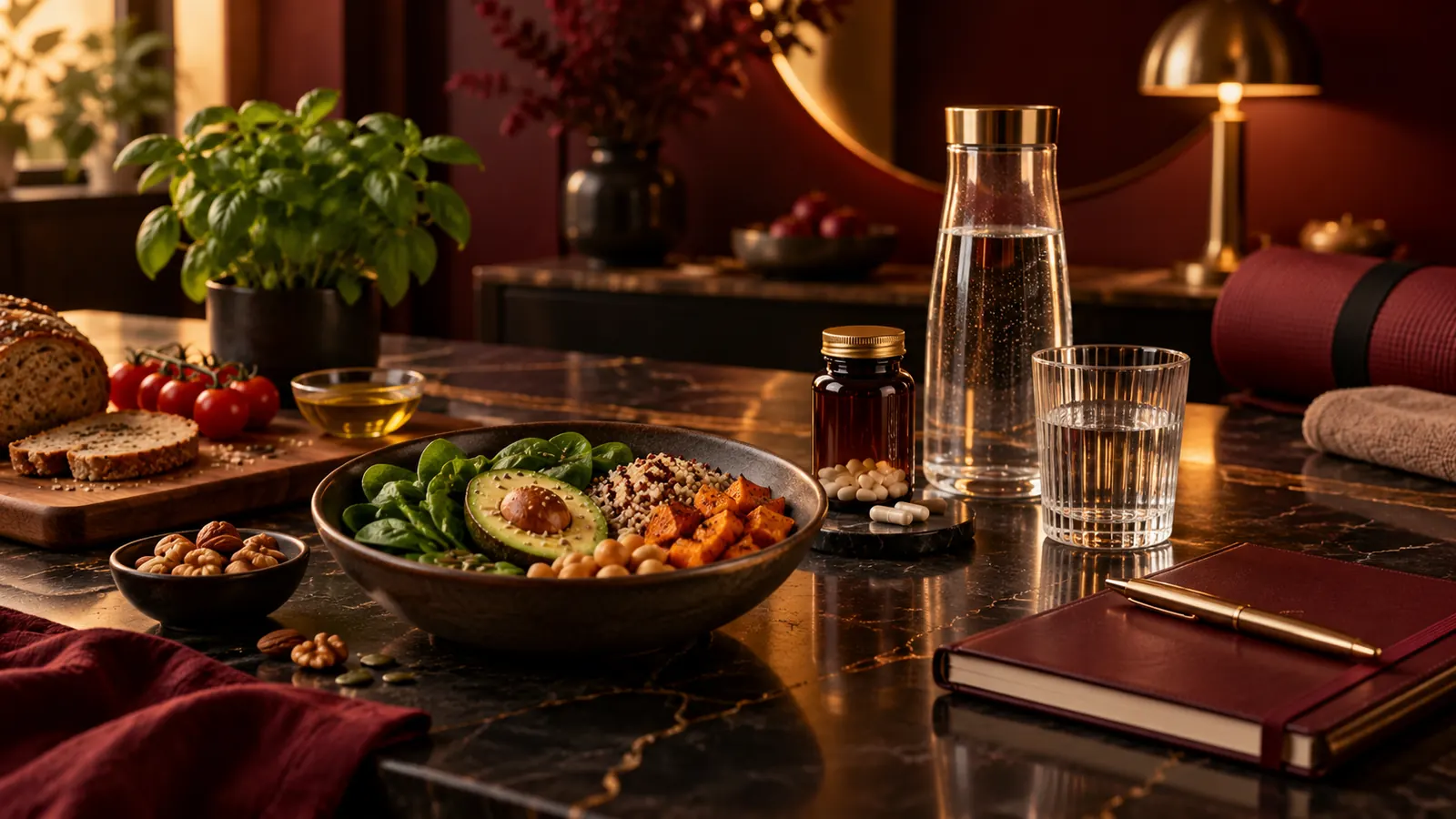 Gedeckter Tisch mit Bowl, Vollkornbrot, Nüssen und Wasser, im Hintergrund ein kleines Präparateglas