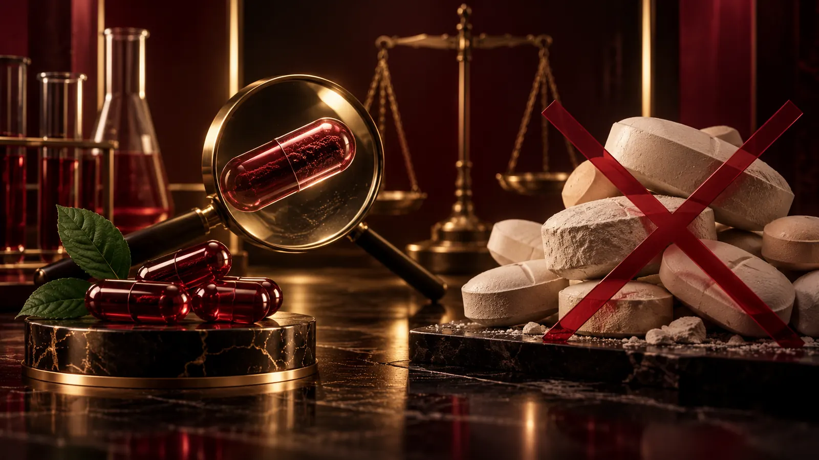 Lupe über einer Kapsel, durchgestrichene Tabletten und eine Waage als Symbol für Mythen und Fakten