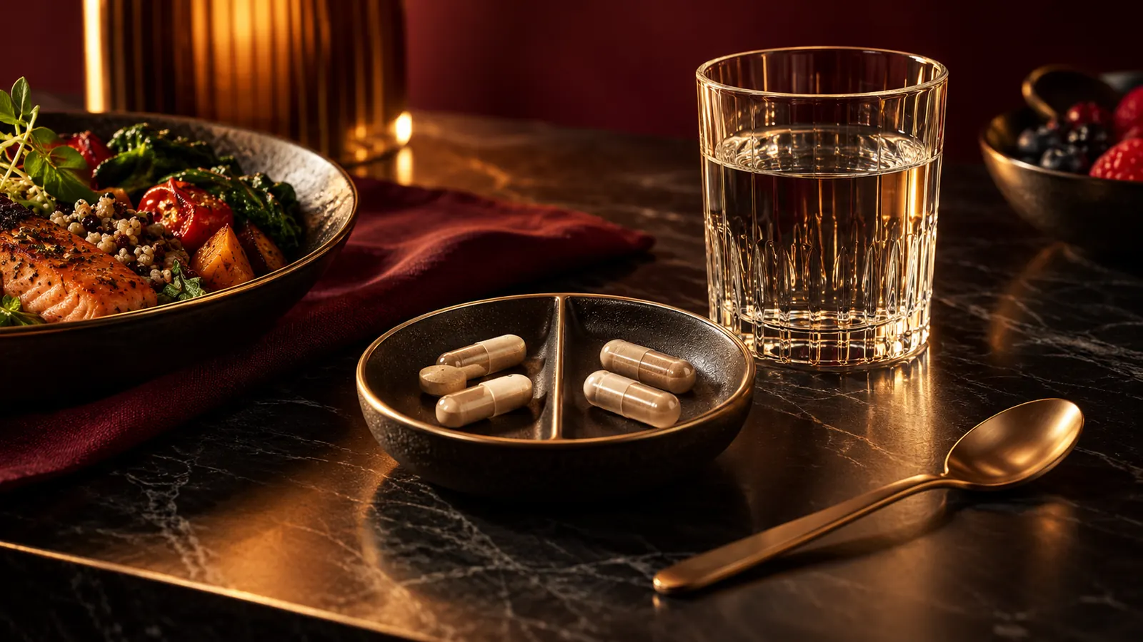 Geteilte Schale mit zwei Kapselportionen neben einem Glas Wasser und einer Mahlzeit