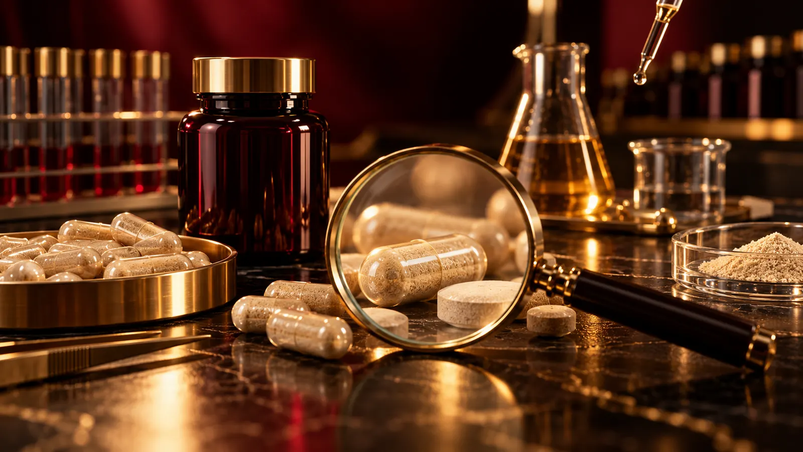 Lupe über Kapseln und Tabletten auf einem Labortisch mit Präparateglas und Reagenzgläsern