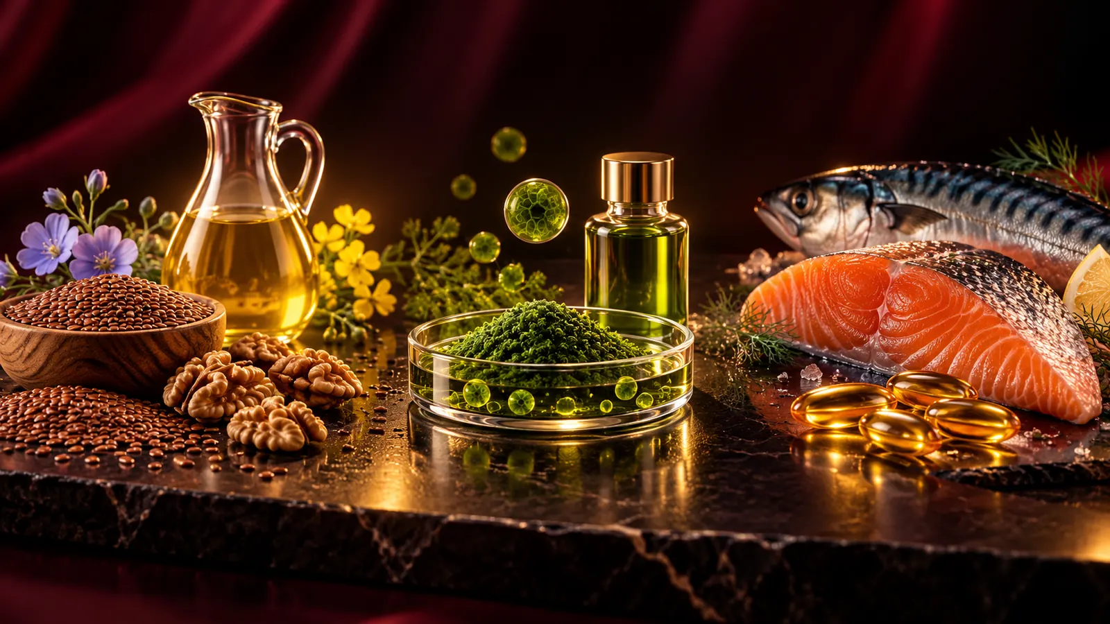 Omega-3-Quellen im Überblick: Leinsamen, Walnüsse, Rapsöl, Mikroalgen, Lachs und Makrele