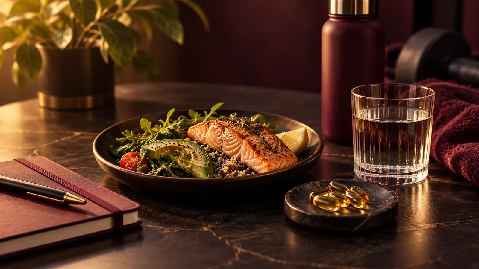 Lachs-Bowl mit Avocado, Glas Wasser, Notizbuch und eine kleine Schale mit Ölkapseln