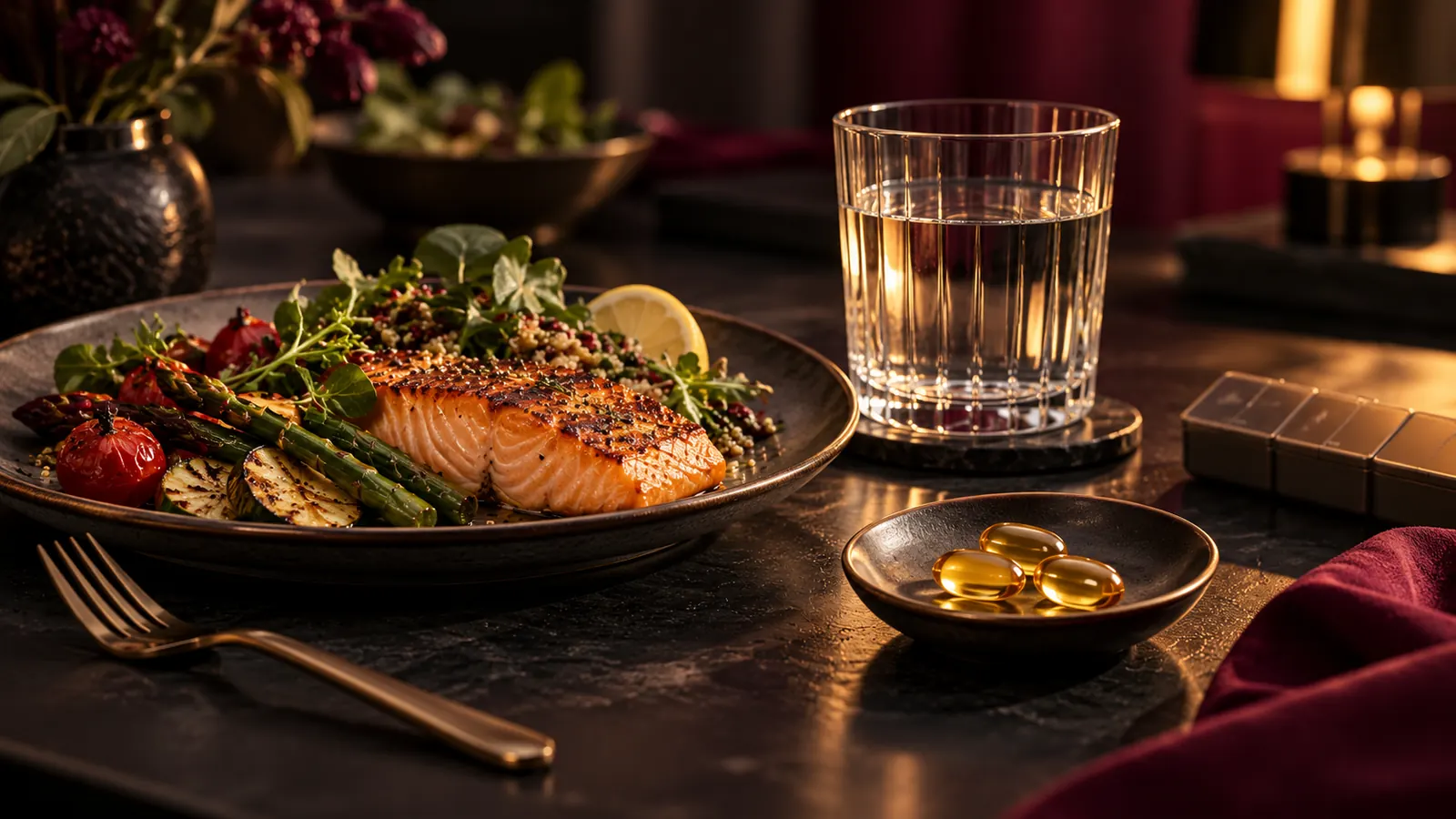 Gebratener Lachs mit Gemüse, daneben ein Glas Wasser und drei Ölkapseln in einer Schale