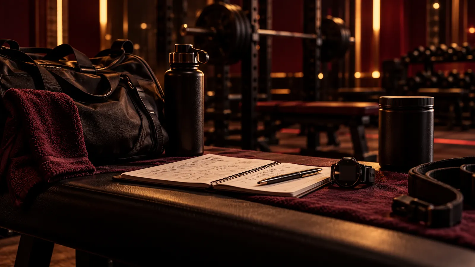 Trainingsbank mit Sporttasche, Trinkflasche, Trainingstagebuch, Uhr und Pulverdose im Studio