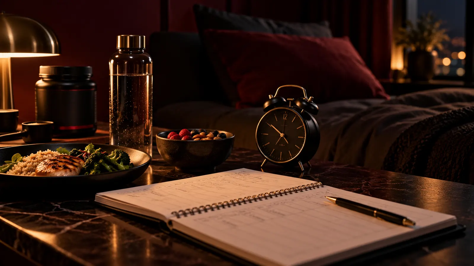 Abendszene mit Mahlzeit, Wasserflasche, Wecker und Trainingsplan vor dem Bett