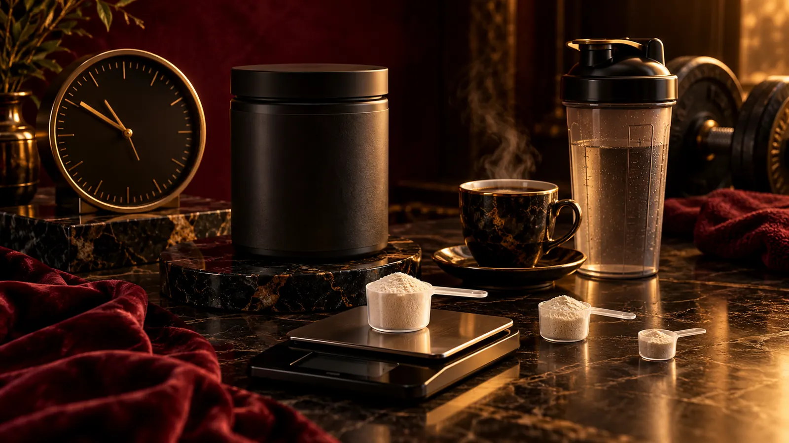 Uhr, Kaffeetasse, Küchenwaage und drei unterschiedlich große Messlöffel neben Pulverdose und Shaker