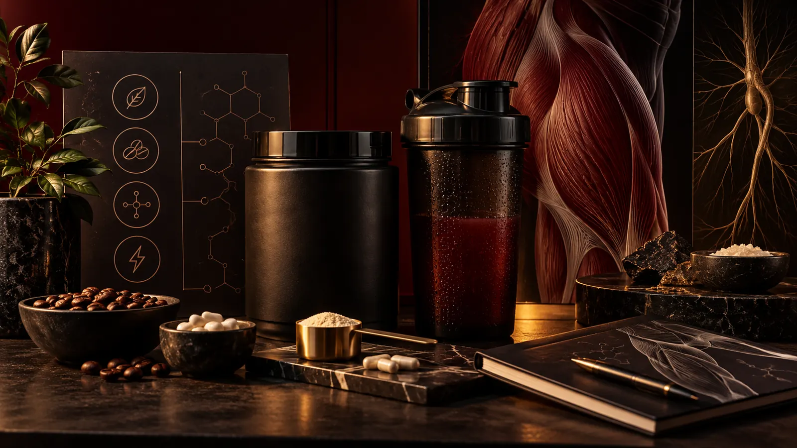 Schautafel mit Symbolen für Pflanzenstoffe, Koffein, Aminosäuren und Energie neben Pulverdose, Shaker, Kapseln und anatomischer Muskeldarstellung