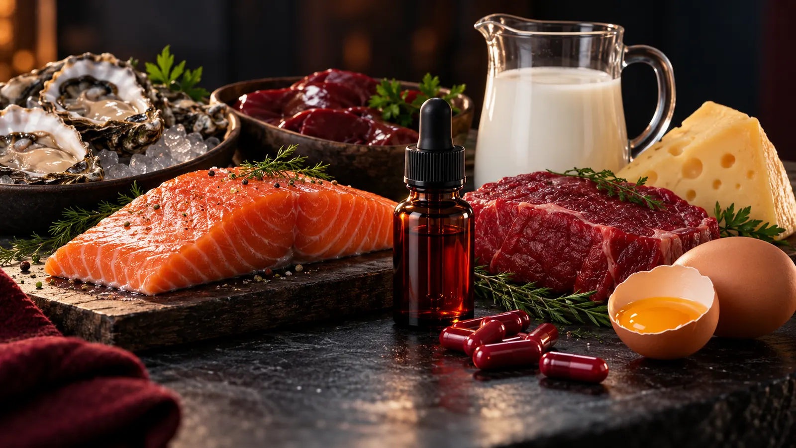 Tierische B12-Quellen wie Lachs, Rindfleisch, Leber, Austern, Milch, Käse und Ei, dazu Tropfflasche und Kapseln