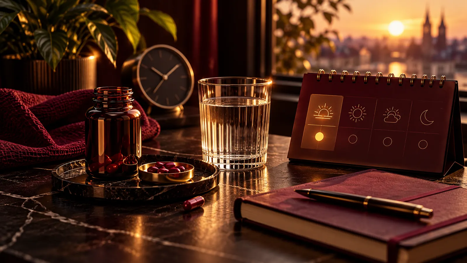Kapselglas, Glas Wasser und Tagesplaner mit Routine-Symbolen am Fenster bei Sonnenuntergang