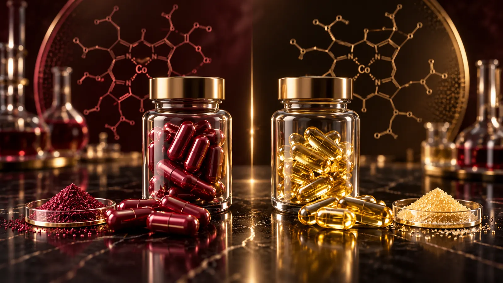Zwei Kapselgläser mit Strukturformeln von Cobalamin als Vergleich zweier B12-Formen
