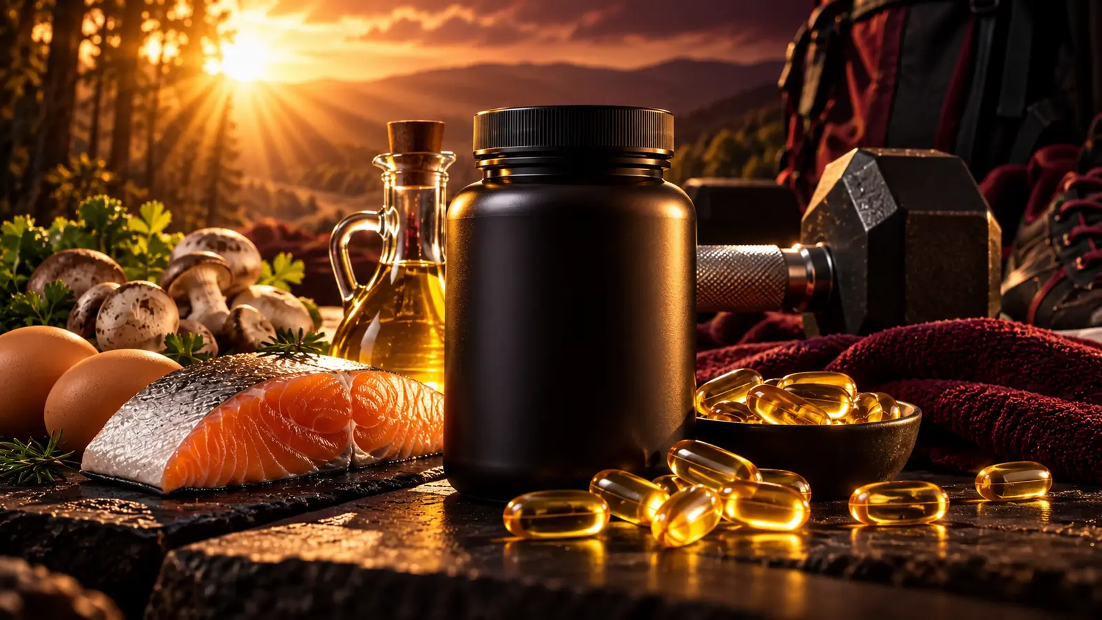 Präparatedose mit Ölkapseln vor Sonnenuntergang über Hügeln, daneben Lachs, Eier, Champignons und eine Kurzhantel