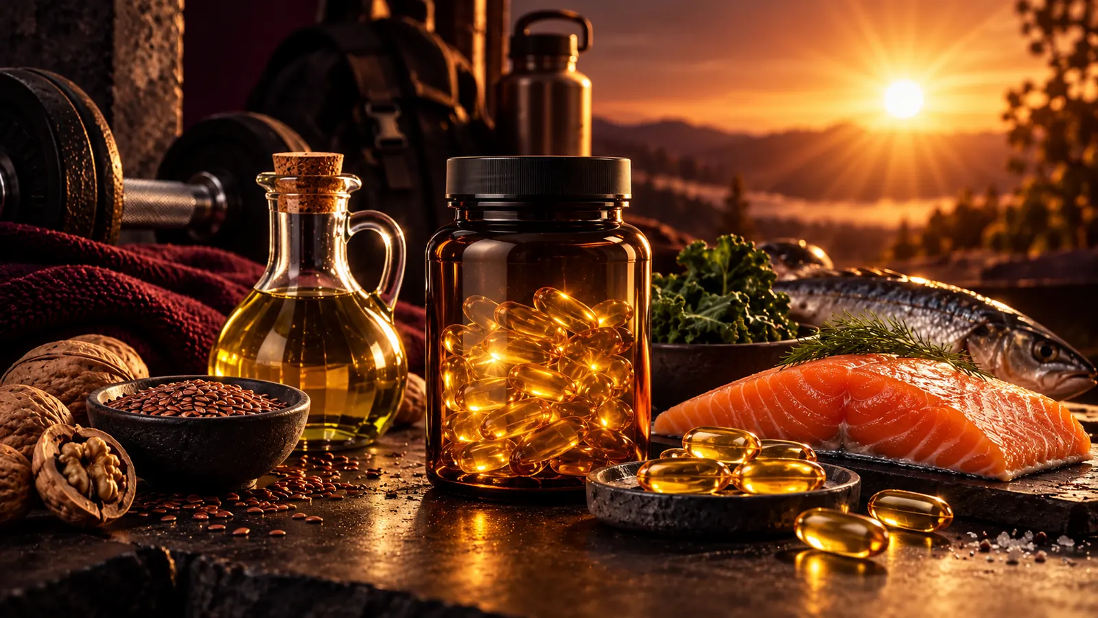 Abendsonne über einer Landschaft, davor Trinkflasche, Rucksack, Lachs und ein Kapselglas