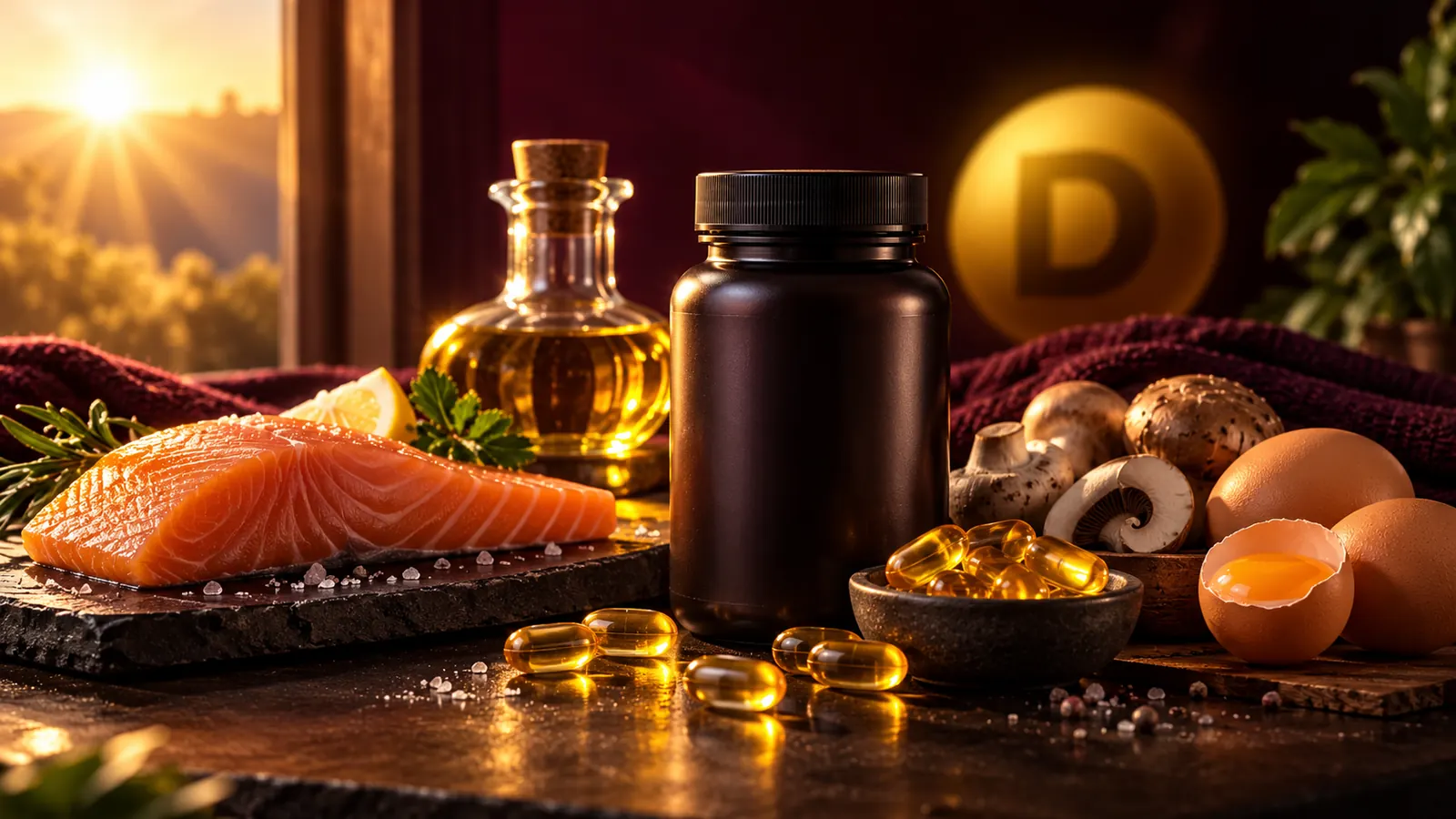 Sonnenlicht durchs Fenster, ein D-Symbol und Lebensmittel mit Vitamin D: Lachs, Eier und Champignons