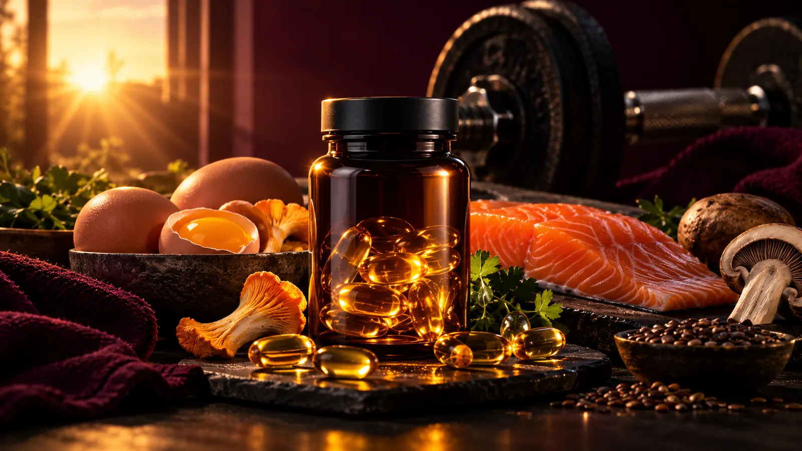 Kapselglas zwischen Eiern, Pfifferlingen und Lachs, im Hintergrund Sonnenlicht und eine Hantel