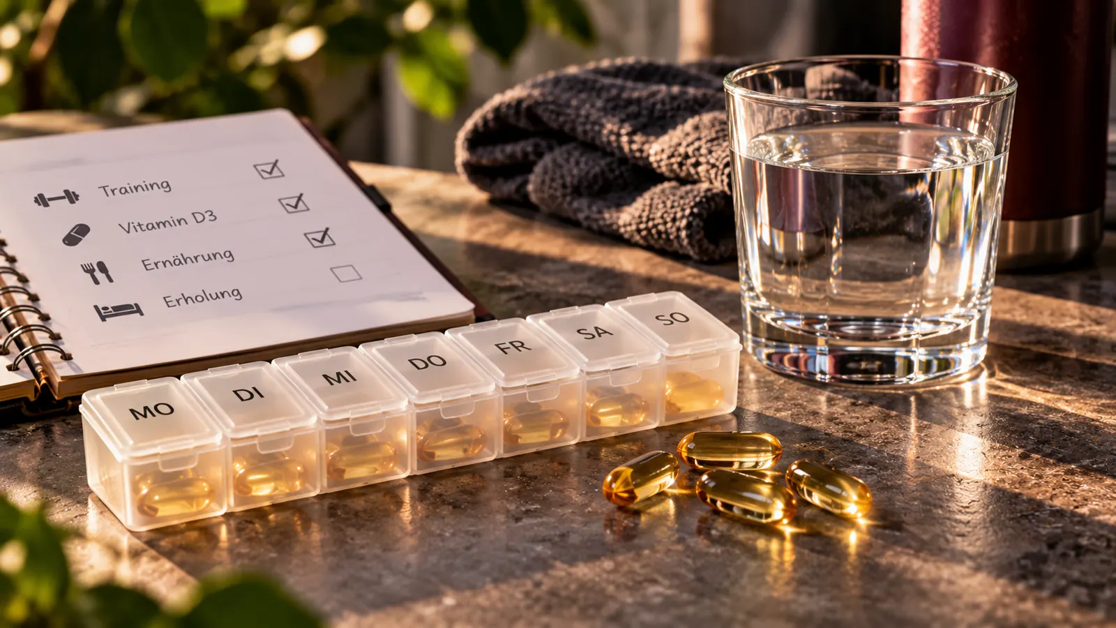Wochendosierer mit je einer Kapsel pro Tag, Glas Wasser und Notizbuch mit Routine-Checkliste aus Training, Vitamin D3, Ernährung und Erholung