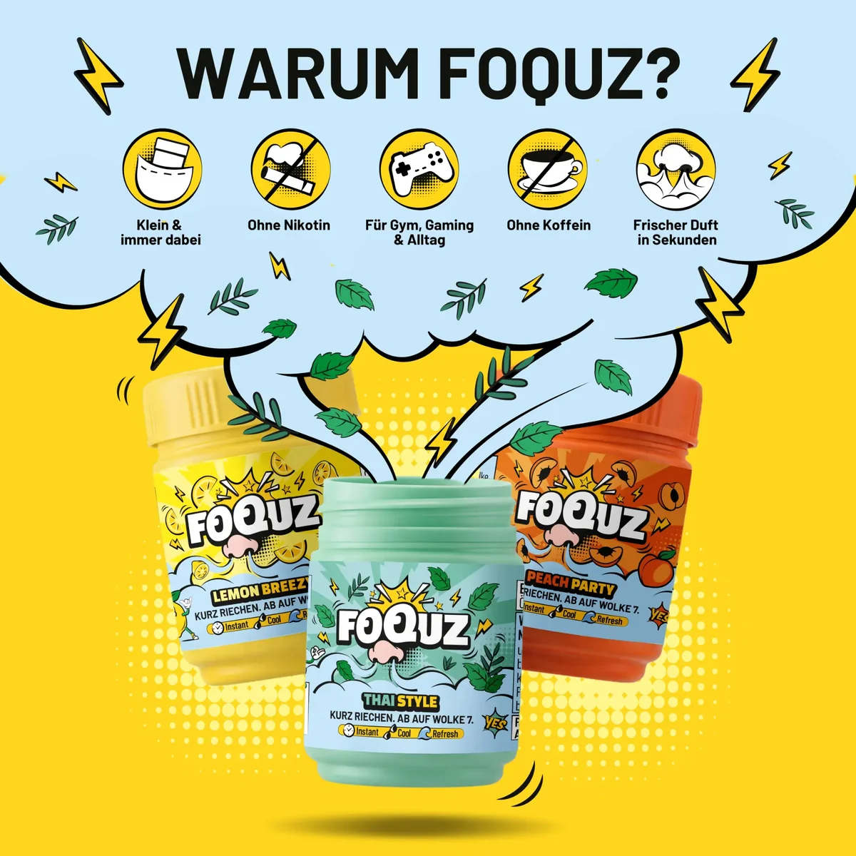 Warum FOQUZ? Klein & immer dabei, ohne Nikotin, für Gym/Gaming & Alltag, ohne Koffein, frischer Duft in Sekunden