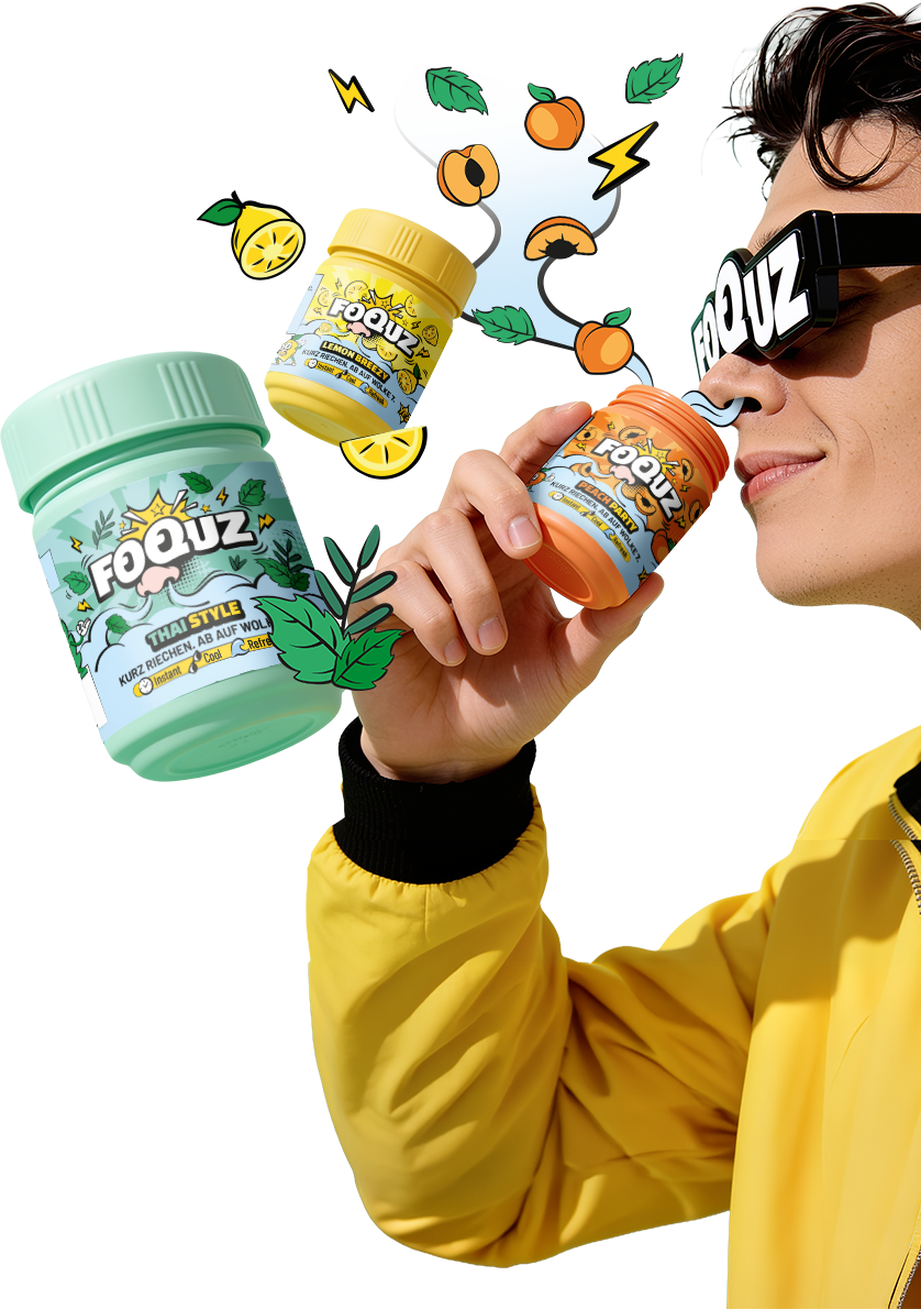 FOQUZ Dose an die Nase halten — Peach, Thai Style und Lemon Breezy