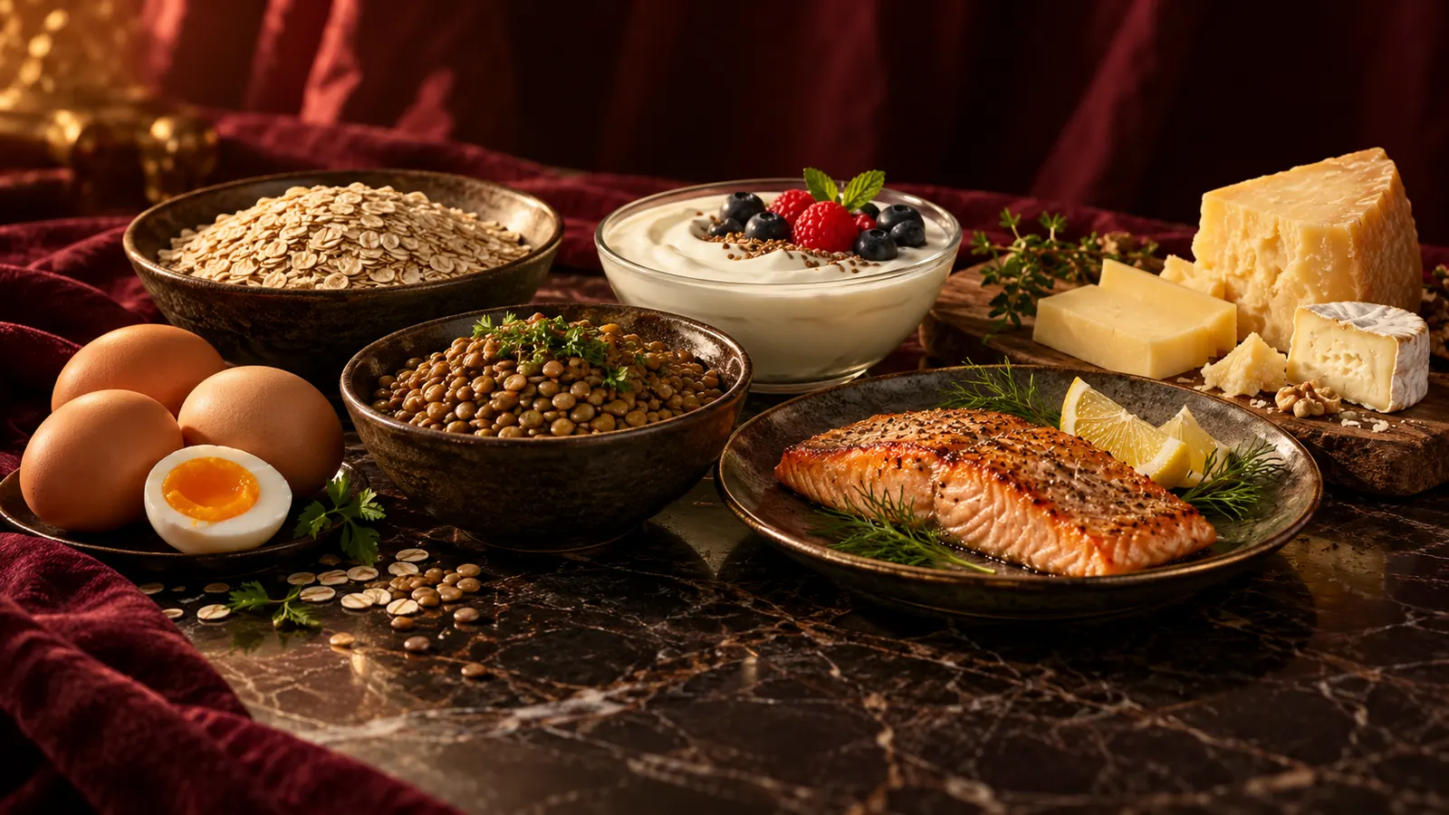 Eier, Linsen, Haferflocken, Joghurt, Käse und Lachs als proteinreiche Lebensmittel ohne Pulver