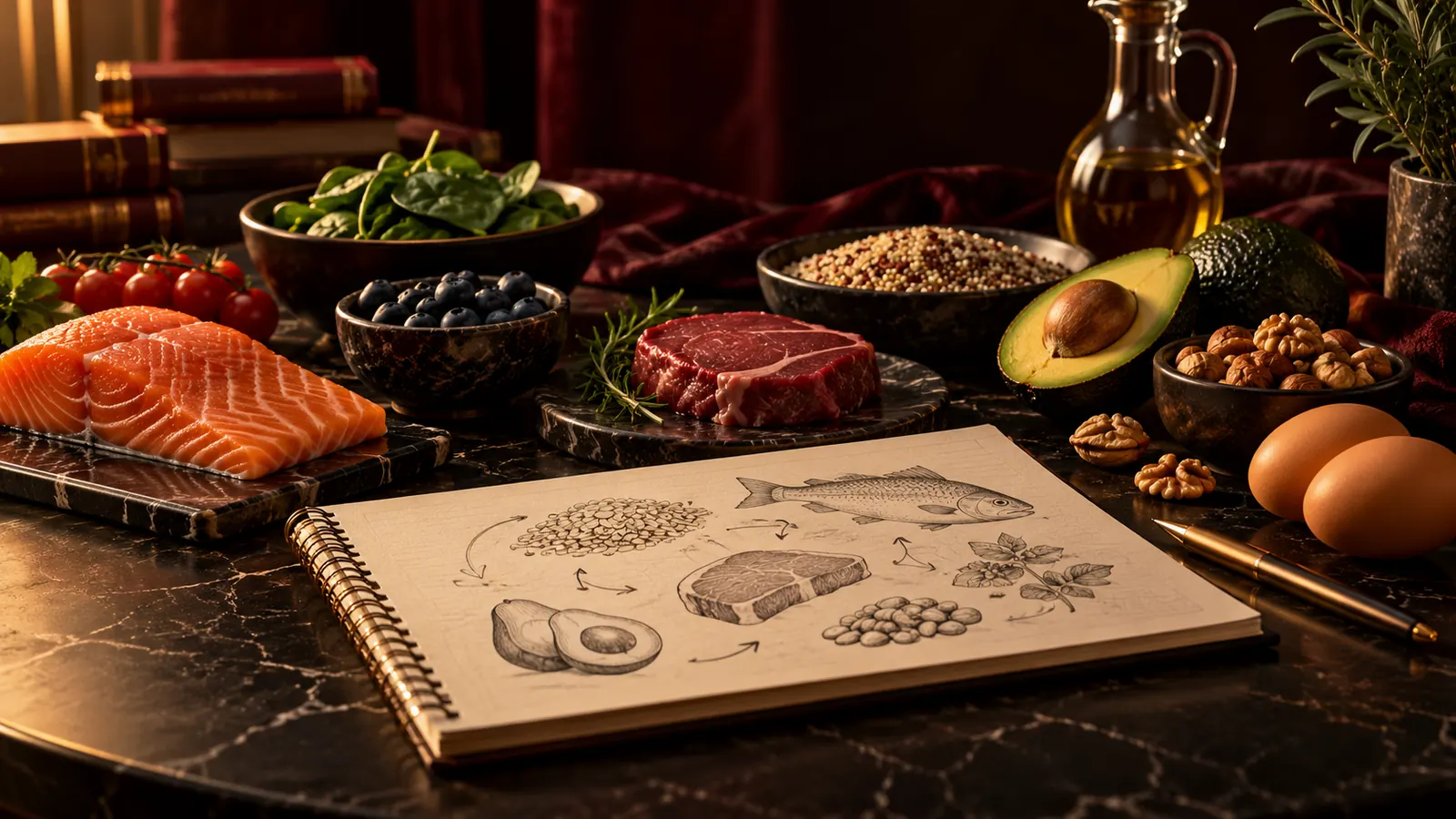 Lachs, Rindfleisch, Eier, Nüsse, Avocado, Quinoa und Spinat rund um ein Skizzenbuch mit gezeichneten Lebensmitteln
