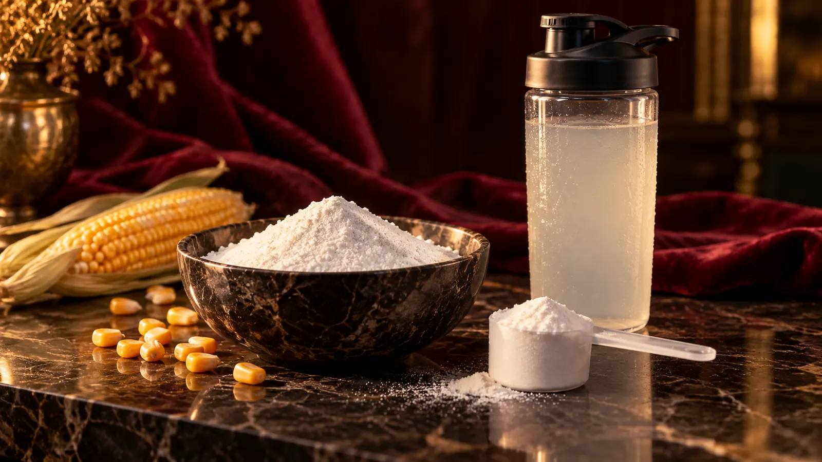 Schale mit feinem weißem Pulver, Messlöffel und Trinkflasche, daneben Maiskolben und Maiskörner
