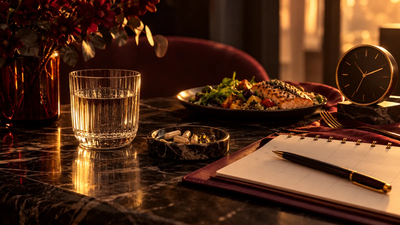 Glas Wasser, Schale mit Kapseln, Mahlzeit mit Lachs und Gemüse, Uhr und Wochenplaner auf einem Marmortisch