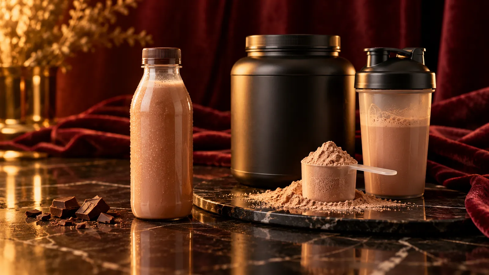 Fertiger Proteindrink in der Flasche neben Pulverdose, Messlöffel und gefülltem Shaker