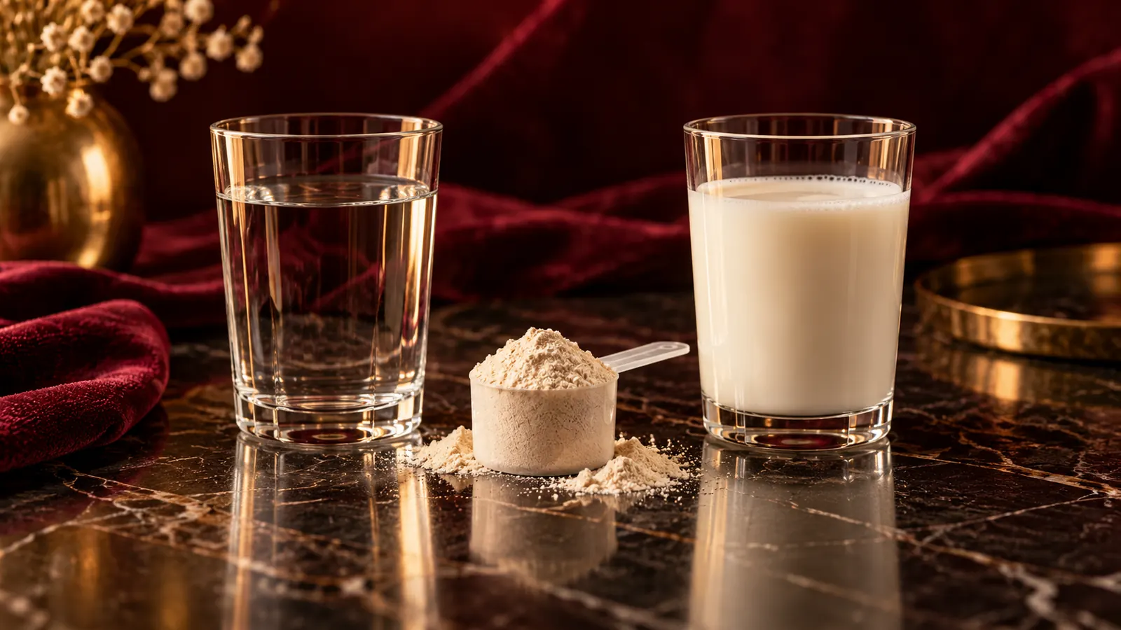 Ein Glas Wasser und ein Glas Milch, dazwischen ein Messlöffel mit Proteinpulver