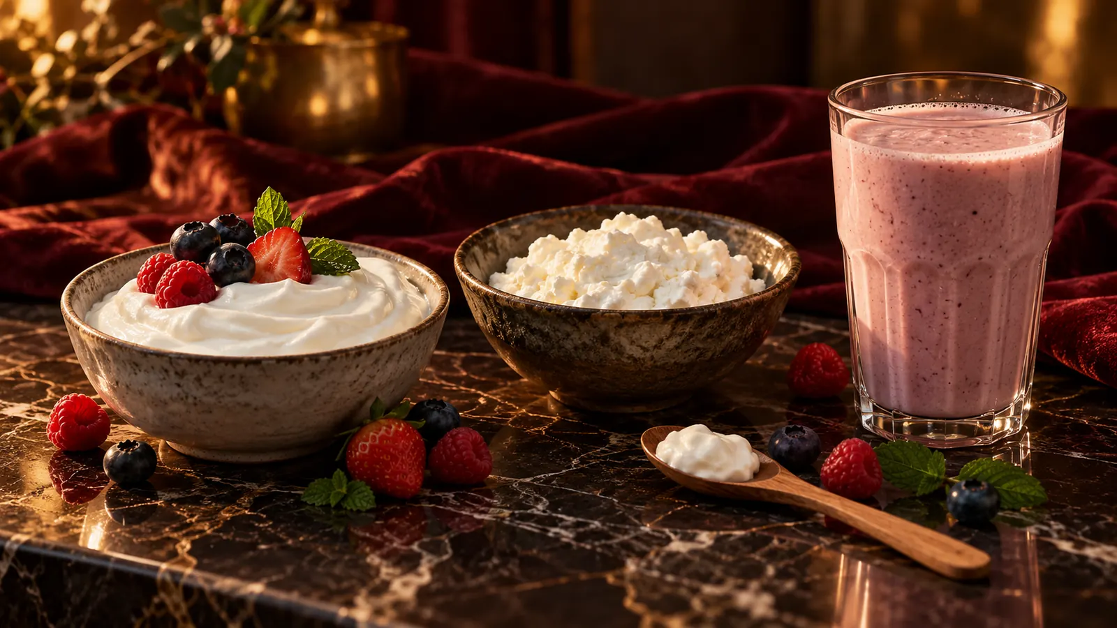 Schale Skyr mit Beeren, Schale Quark und ein Beerenshake im Glas nebeneinander