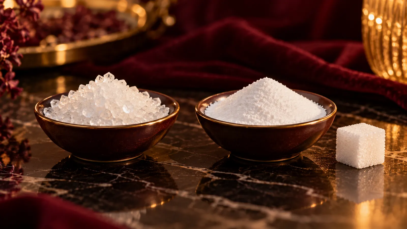Zwei Schälchen im Vergleich: grobe weiße Kristalle und feines weißes Pulver, daneben ein Zuckerwürfel